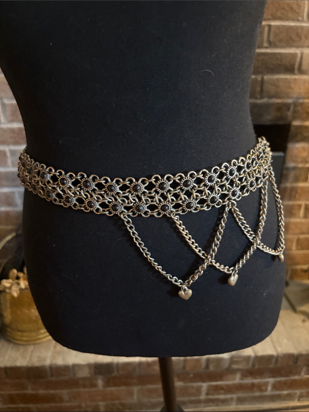 Vintage Silver-Tone Floral Chain Waist Belt with Heart Charms